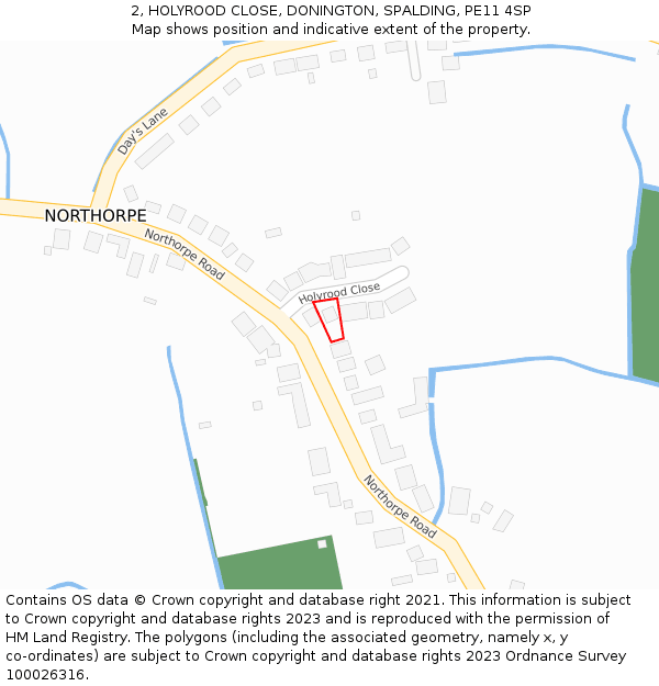 2, HOLYROOD CLOSE, DONINGTON, SPALDING, PE11 4SP: Location map and indicative extent of plot