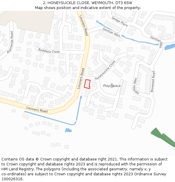 2, HONEYSUCKLE CLOSE, WEYMOUTH, DT3 6SW: Location map and indicative extent of plot