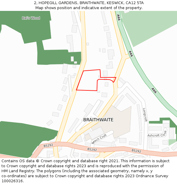 2, HOPEGILL GARDENS, BRAITHWAITE, KESWICK, CA12 5TA: Location map and indicative extent of plot