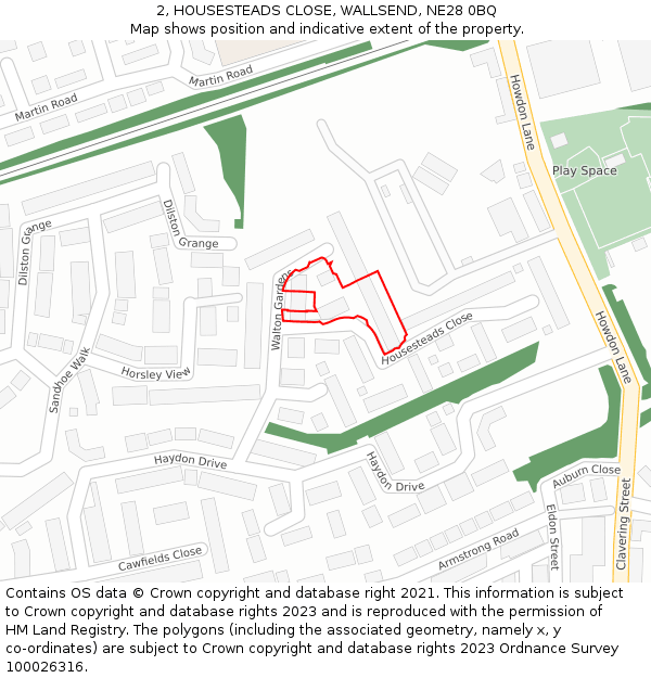 2, HOUSESTEADS CLOSE, WALLSEND, NE28 0BQ: Location map and indicative extent of plot