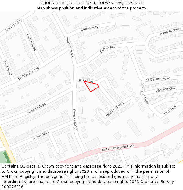 2, IOLA DRIVE, OLD COLWYN, COLWYN BAY, LL29 9DN: Location map and indicative extent of plot