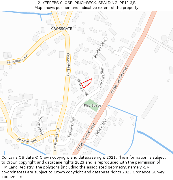 2, KEEPERS CLOSE, PINCHBECK, SPALDING, PE11 3JR: Location map and indicative extent of plot