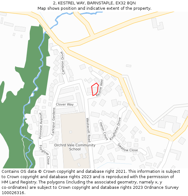2, KESTREL WAY, BARNSTAPLE, EX32 8QN: Location map and indicative extent of plot