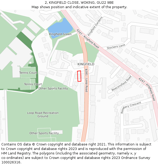 2, KINGFIELD CLOSE, WOKING, GU22 9BE: Location map and indicative extent of plot