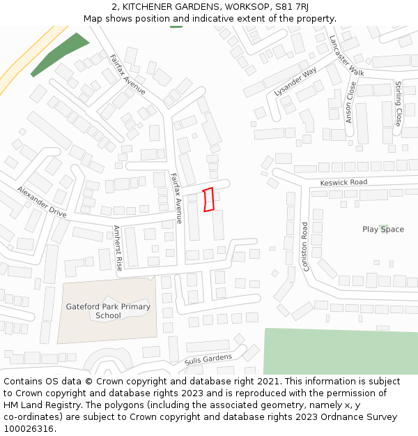 2, KITCHENER GARDENS, WORKSOP, S81 7RJ: Location map and indicative extent of plot