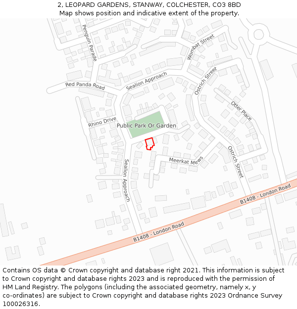 2, LEOPARD GARDENS, STANWAY, COLCHESTER, CO3 8BD: Location map and indicative extent of plot