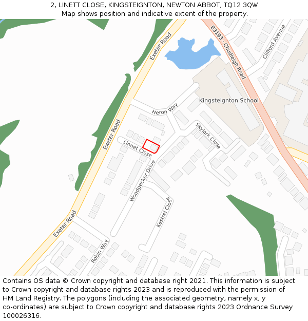 2, LINETT CLOSE, KINGSTEIGNTON, NEWTON ABBOT, TQ12 3QW: Location map and indicative extent of plot
