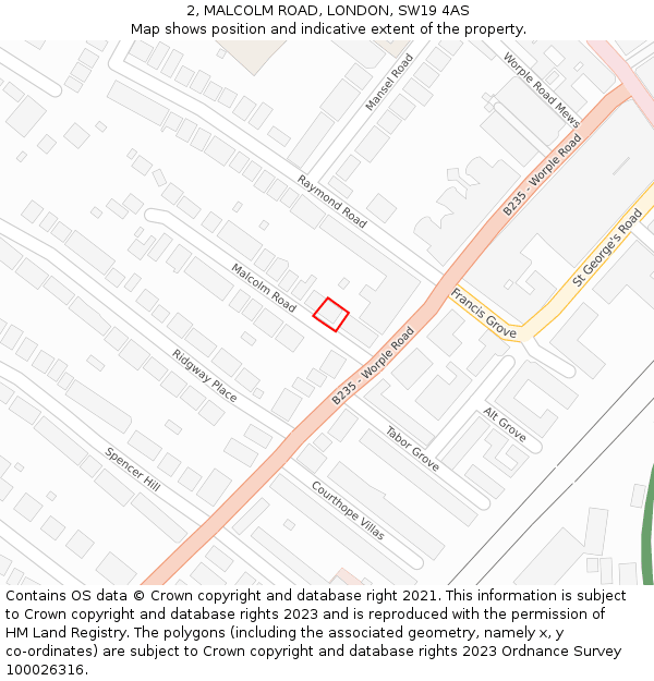 2, MALCOLM ROAD, LONDON, SW19 4AS: Location map and indicative extent of plot