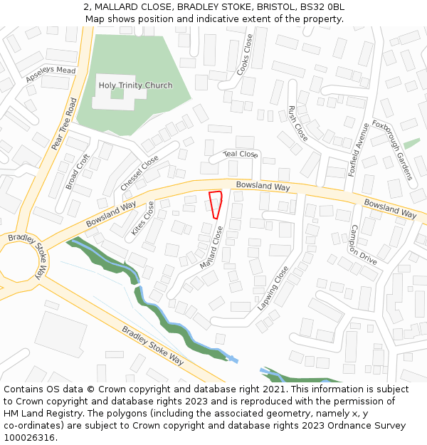 2, MALLARD CLOSE, BRADLEY STOKE, BRISTOL, BS32 0BL: Location map and indicative extent of plot