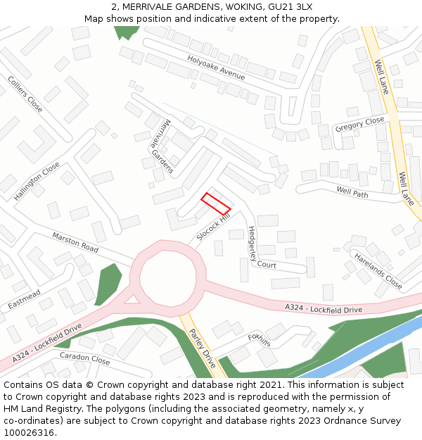 2, MERRIVALE GARDENS, WOKING, GU21 3LX: Location map and indicative extent of plot