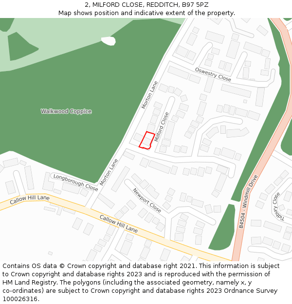 2, MILFORD CLOSE, REDDITCH, B97 5PZ: Location map and indicative extent of plot
