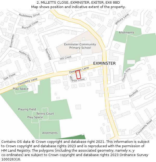 2, MILLETTS CLOSE, EXMINSTER, EXETER, EX6 8BD: Location map and indicative extent of plot