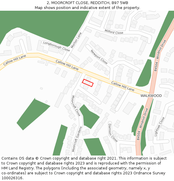 2, MOORCROFT CLOSE, REDDITCH, B97 5WB: Location map and indicative extent of plot