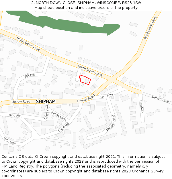 2, NORTH DOWN CLOSE, SHIPHAM, WINSCOMBE, BS25 1SW: Location map and indicative extent of plot