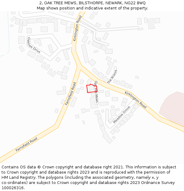 2, OAK TREE MEWS, BILSTHORPE, NEWARK, NG22 8WQ: Location map and indicative extent of plot