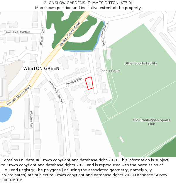 2, ONSLOW GARDENS, THAMES DITTON, KT7 0JJ: Location map and indicative extent of plot