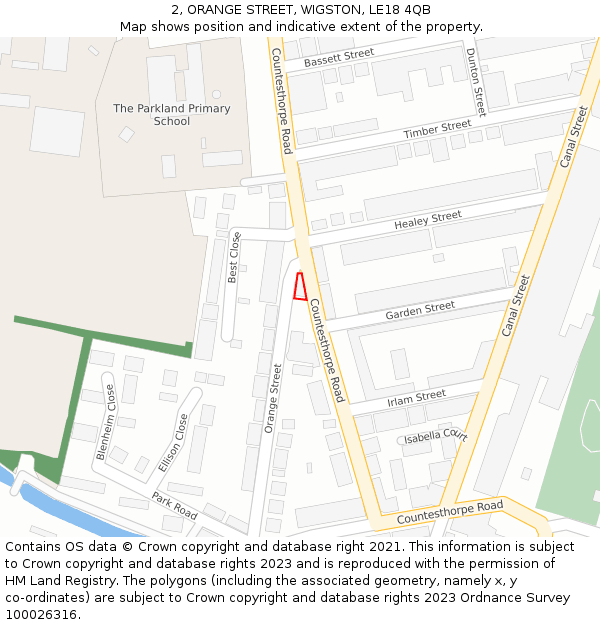 2, ORANGE STREET, WIGSTON, LE18 4QB: Location map and indicative extent of plot