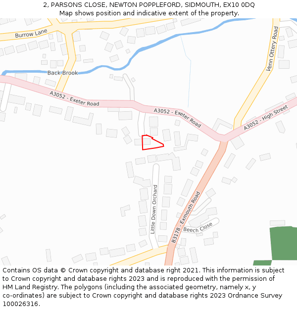 2, PARSONS CLOSE, NEWTON POPPLEFORD, SIDMOUTH, EX10 0DQ: Location map and indicative extent of plot