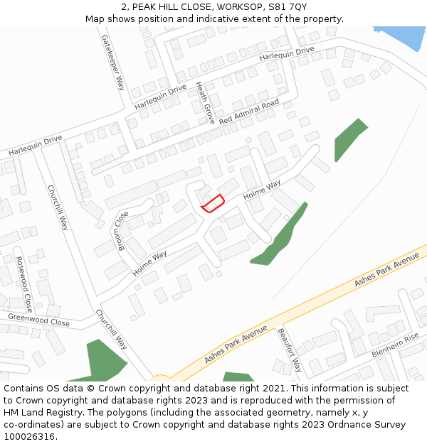 2, PEAK HILL CLOSE, WORKSOP, S81 7QY: Location map and indicative extent of plot