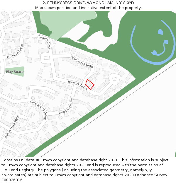 2, PENNYCRESS DRIVE, WYMONDHAM, NR18 0YD: Location map and indicative extent of plot