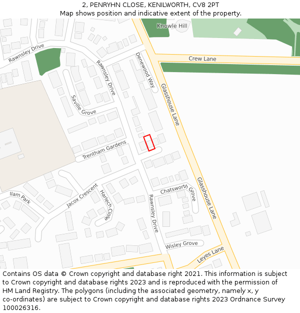 2, PENRYHN CLOSE, KENILWORTH, CV8 2PT: Location map and indicative extent of plot