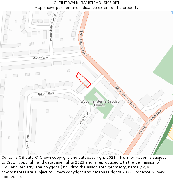 2, PINE WALK, BANSTEAD, SM7 3PT: Location map and indicative extent of plot