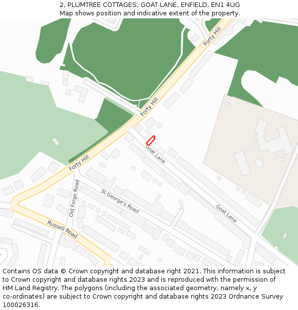 2, PLUMTREE COTTAGES, GOAT LANE, ENFIELD, EN1 4UG: Location map and indicative extent of plot