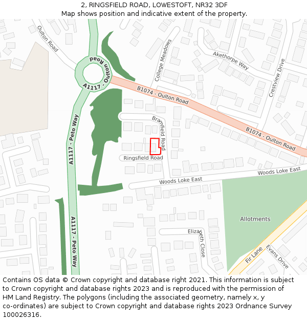 2, RINGSFIELD ROAD, LOWESTOFT, NR32 3DF: Location map and indicative extent of plot