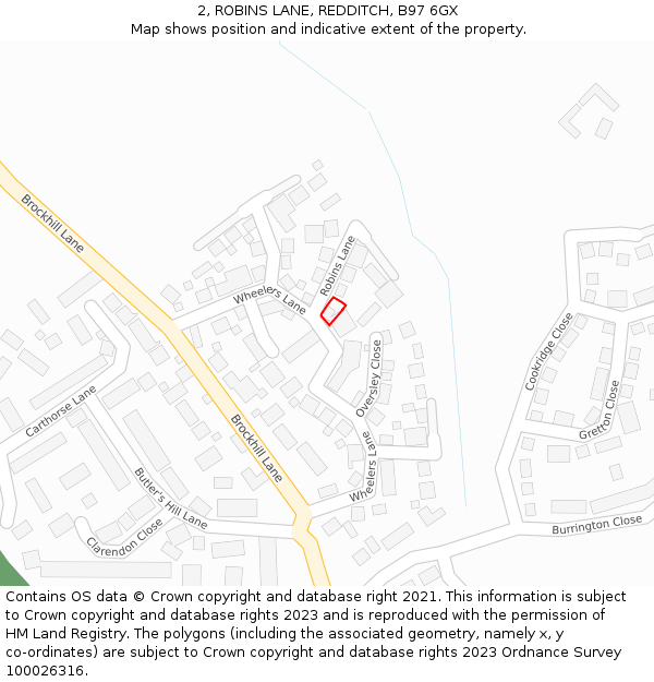 2, ROBINS LANE, REDDITCH, B97 6GX: Location map and indicative extent of plot