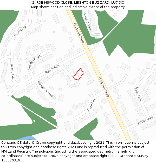 2, ROBINSWOOD CLOSE, LEIGHTON BUZZARD, LU7 3JQ: Location map and indicative extent of plot