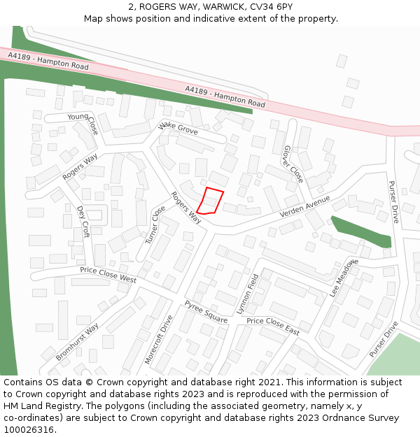 2, ROGERS WAY, WARWICK, CV34 6PY: Location map and indicative extent of plot