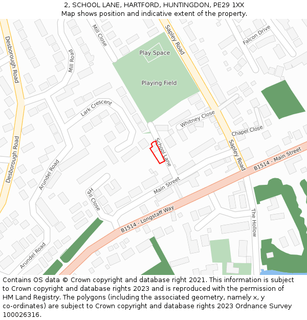 2, SCHOOL LANE, HARTFORD, HUNTINGDON, PE29 1XX: Location map and indicative extent of plot