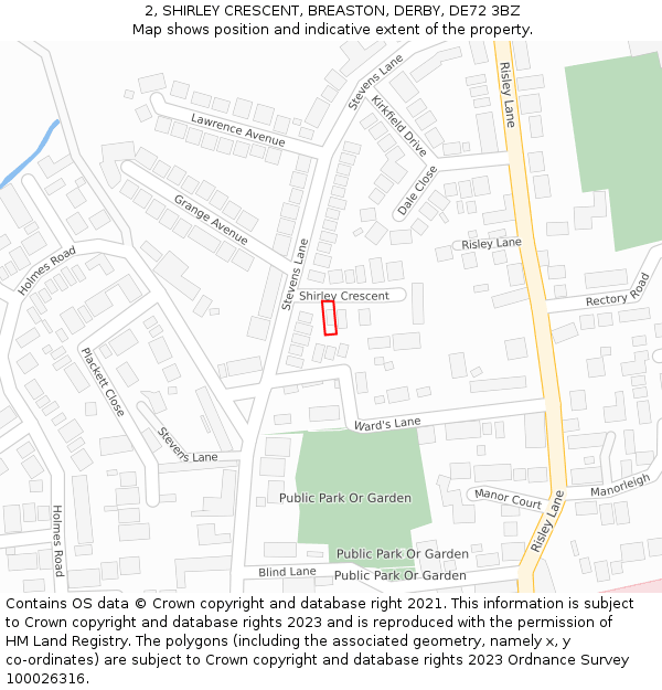 2, SHIRLEY CRESCENT, BREASTON, DERBY, DE72 3BZ: Location map and indicative extent of plot