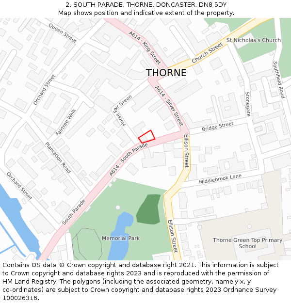 2, SOUTH PARADE, THORNE, DONCASTER, DN8 5DY: Location map and indicative extent of plot