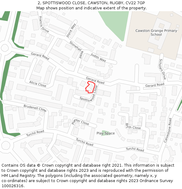 2, SPOTTISWOOD CLOSE, CAWSTON, RUGBY, CV22 7GP: Location map and indicative extent of plot