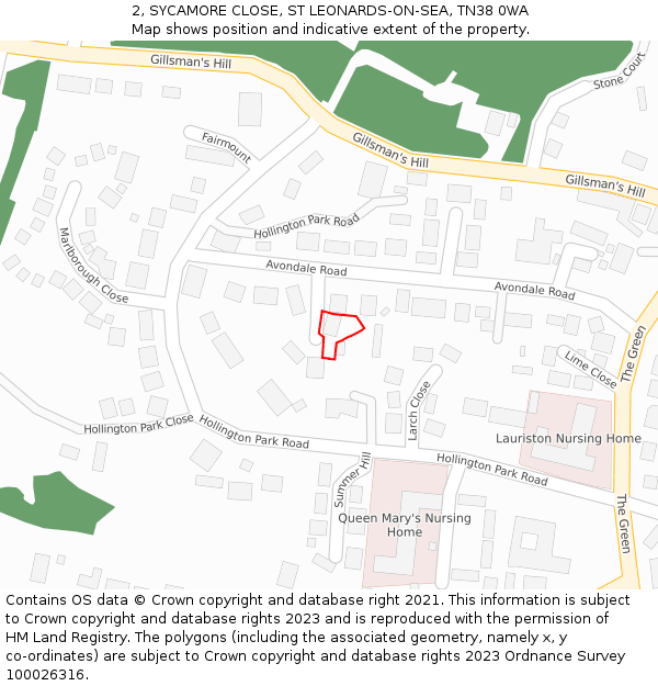 2, SYCAMORE CLOSE, ST LEONARDS-ON-SEA, TN38 0WA: Location map and indicative extent of plot