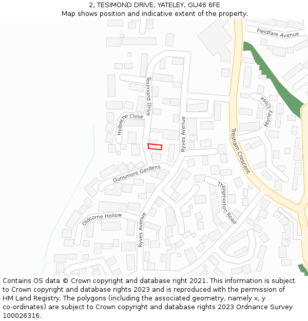 2, TESIMOND DRIVE, YATELEY, GU46 6FE: Location map and indicative extent of plot