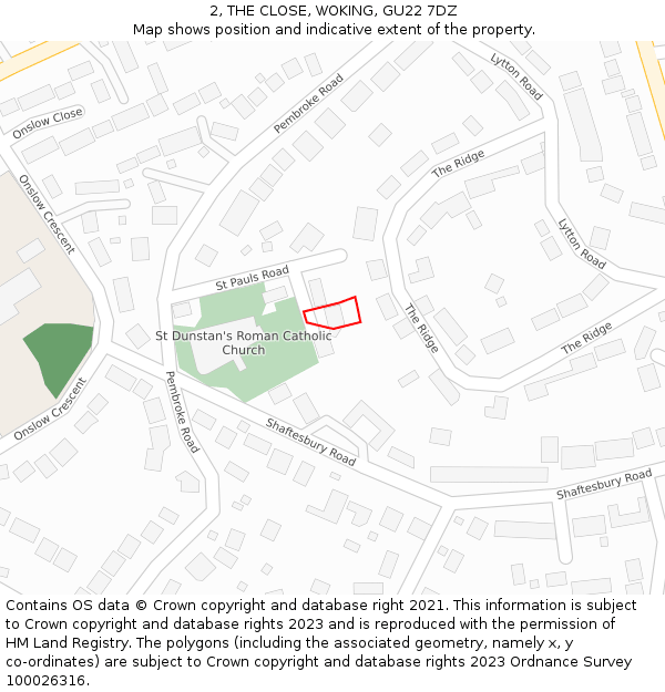 2, THE CLOSE, WOKING, GU22 7DZ: Location map and indicative extent of plot