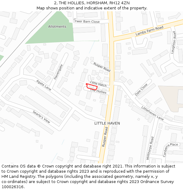 2, THE HOLLIES, HORSHAM, RH12 4ZN: Location map and indicative extent of plot