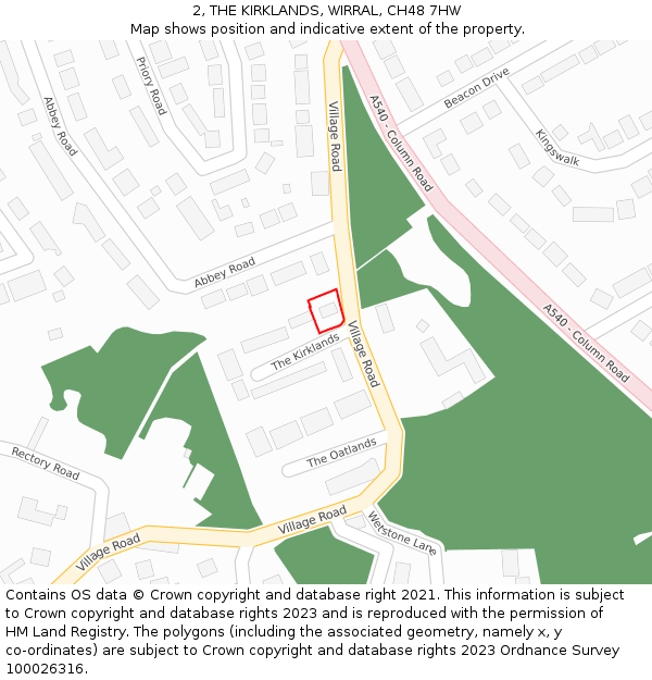 2, THE KIRKLANDS, WIRRAL, CH48 7HW: Location map and indicative extent of plot