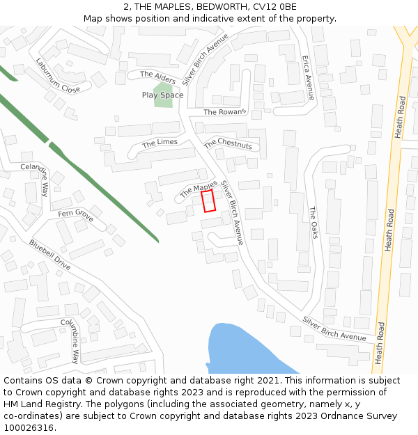 2, THE MAPLES, BEDWORTH, CV12 0BE: Location map and indicative extent of plot