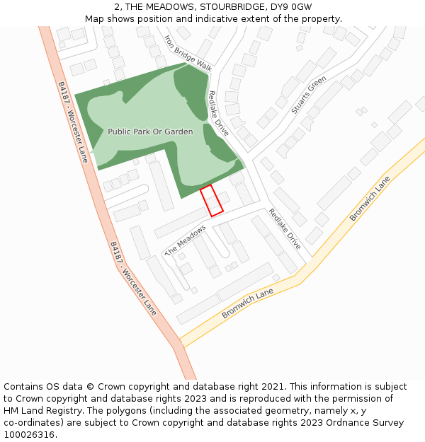 2, THE MEADOWS, STOURBRIDGE, DY9 0GW: Location map and indicative extent of plot