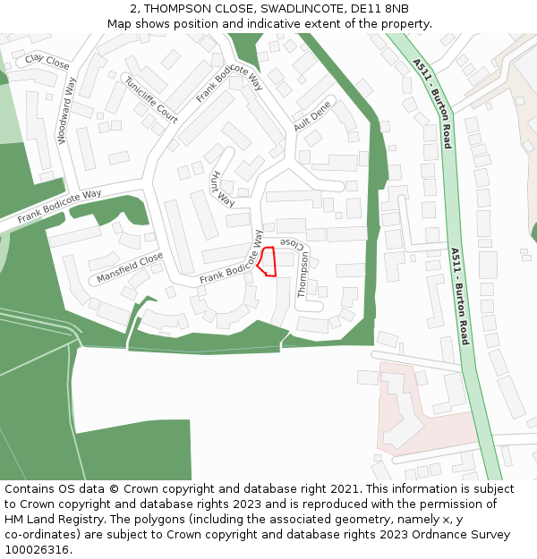2, THOMPSON CLOSE, SWADLINCOTE, DE11 8NB: Location map and indicative extent of plot