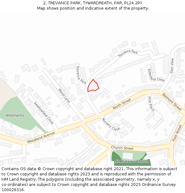 2, TREVANCE PARK, TYWARDREATH, PAR, PL24 2PY: Location map and indicative extent of plot