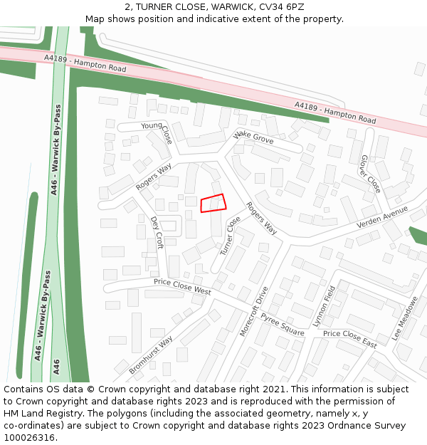 2, TURNER CLOSE, WARWICK, CV34 6PZ: Location map and indicative extent of plot