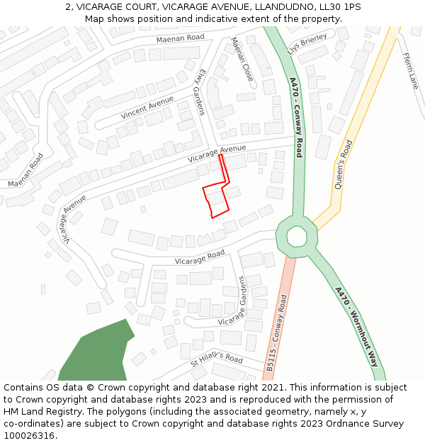 2, VICARAGE COURT, VICARAGE AVENUE, LLANDUDNO, LL30 1PS: Location map and indicative extent of plot