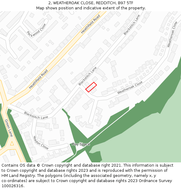 2, WEATHEROAK CLOSE, REDDITCH, B97 5TF: Location map and indicative extent of plot