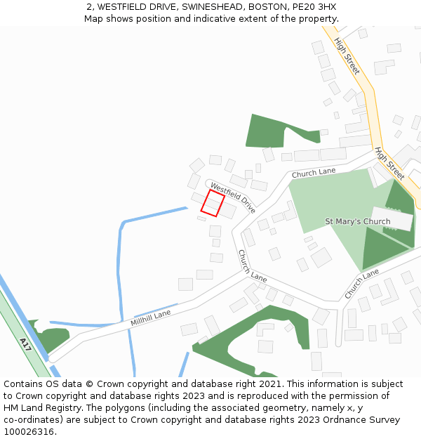 2, WESTFIELD DRIVE, SWINESHEAD, BOSTON, PE20 3HX: Location map and indicative extent of plot