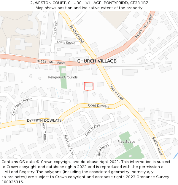 2, WESTON COURT, CHURCH VILLAGE, PONTYPRIDD, CF38 1RZ: Location map and indicative extent of plot