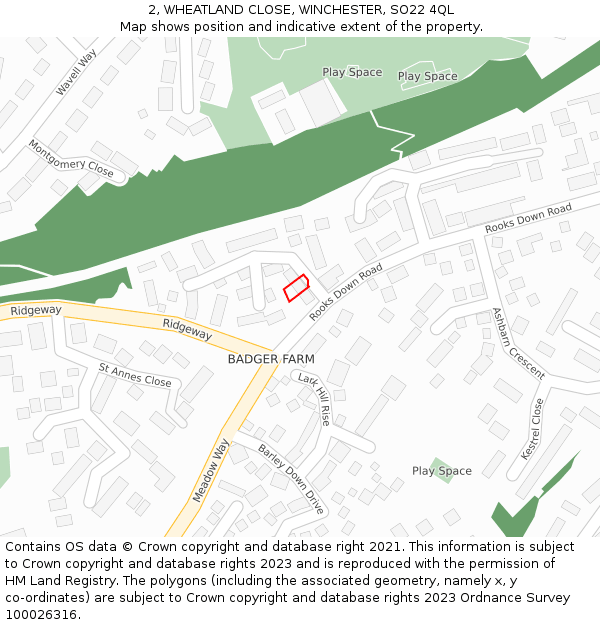 2, WHEATLAND CLOSE, WINCHESTER, SO22 4QL: Location map and indicative extent of plot